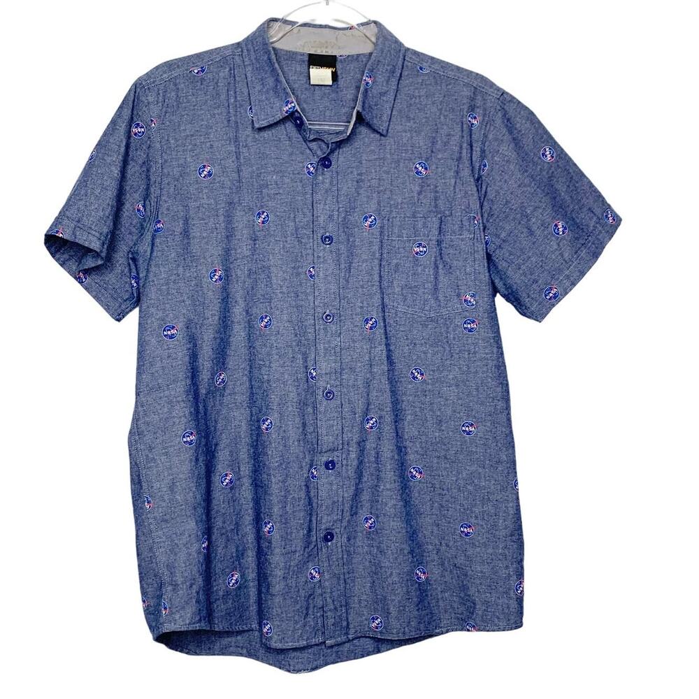 FIFTH SUN NASA Space Button Down Short Sleeve Shirt Classic Fit Blue Size Medium